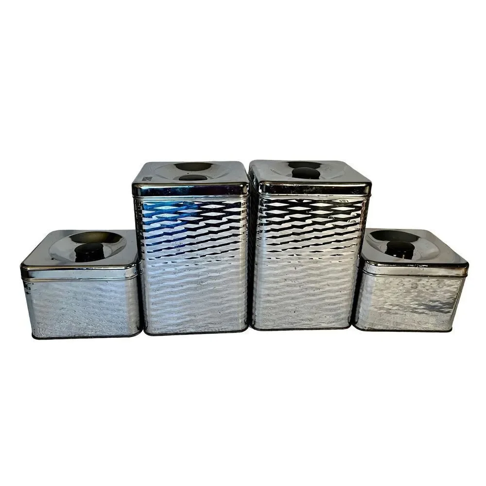Vintage 4 Piece MCM Chrome/Black Wavy Diamond Textured Canister Set READ